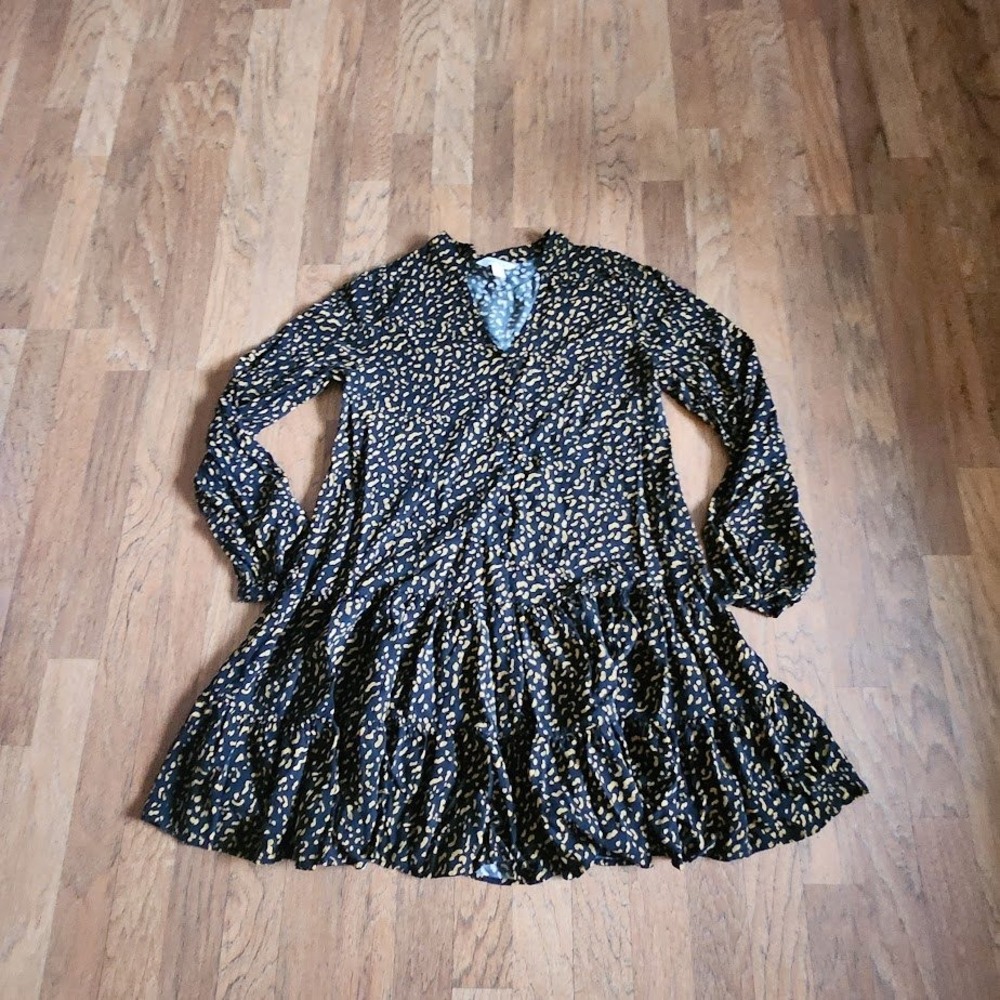 Nine West Womens Medium Animal Print Tiered Long Sleeve Mini Dress Black 691